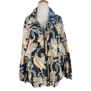 Nautical Coastal Luxury CoAco 100% Silk Shell Print Bomber Jacket 2X Zip Front